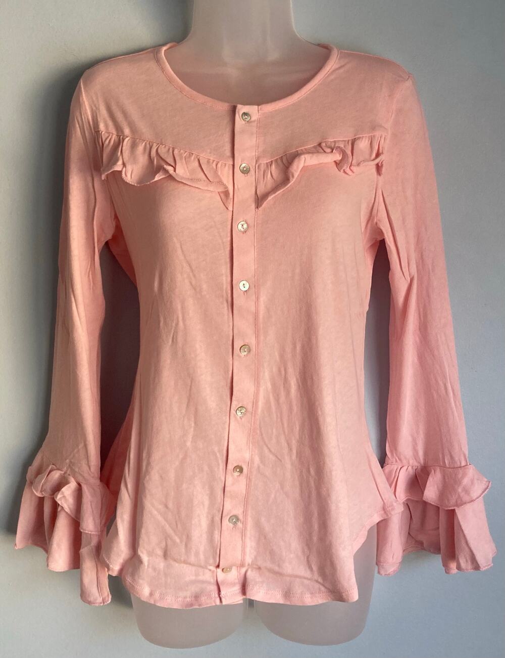 100% Cotton Button Up Top Pink Medium Bell Tiered Sleeve Ruffle